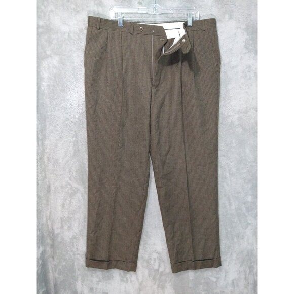 Polo University Ralph Lauren Dress Pants Mens 40x30 Brown Plaid Pleated Mid Rise - Picture 1 of 9